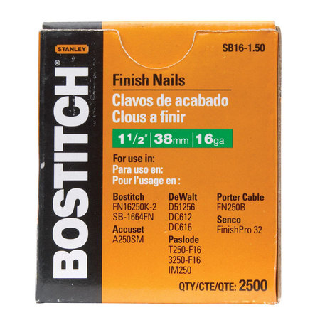 BOSTITCH Collated Finishing Nail, 1-1/2 in L, 16 ga, Coated, Round Head, Straight SB16-1.50